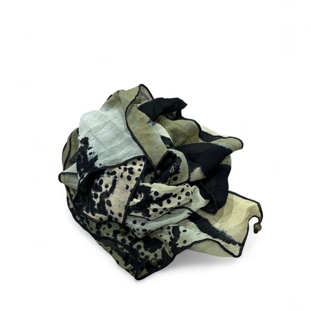 Trout print black and green beaded 100% silk scarf
